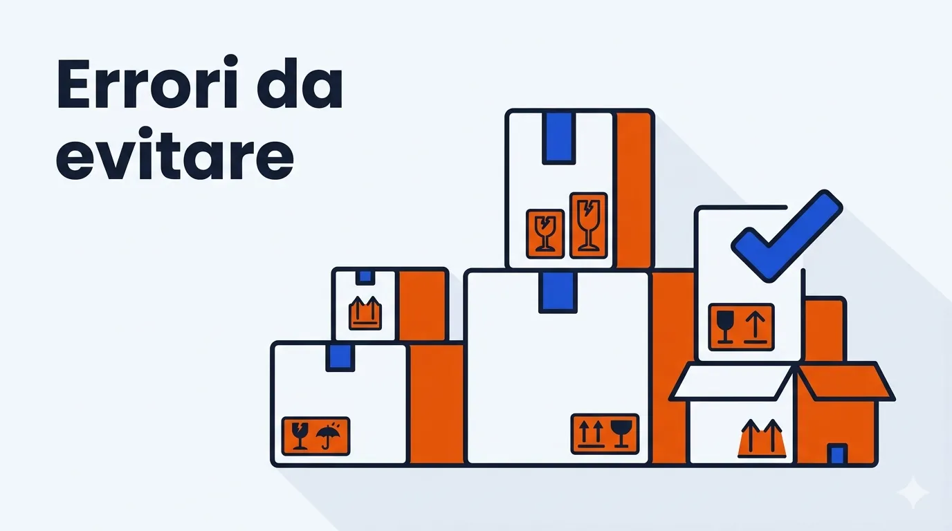 Illustrazione di scatole con segnali di attenzione e un segno di spunta