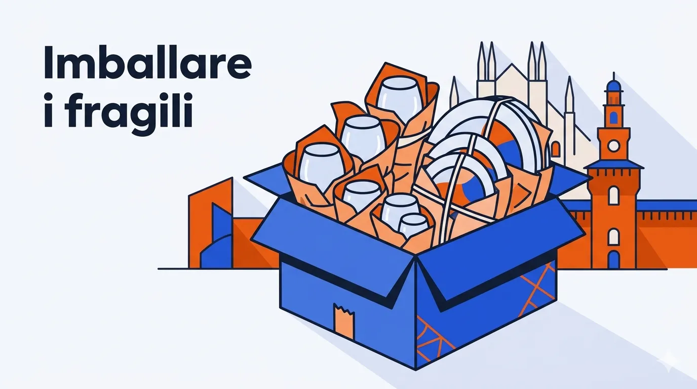 Illustrazione minimale di piatti e bicchieri imballati in carta dentro uno scatolone