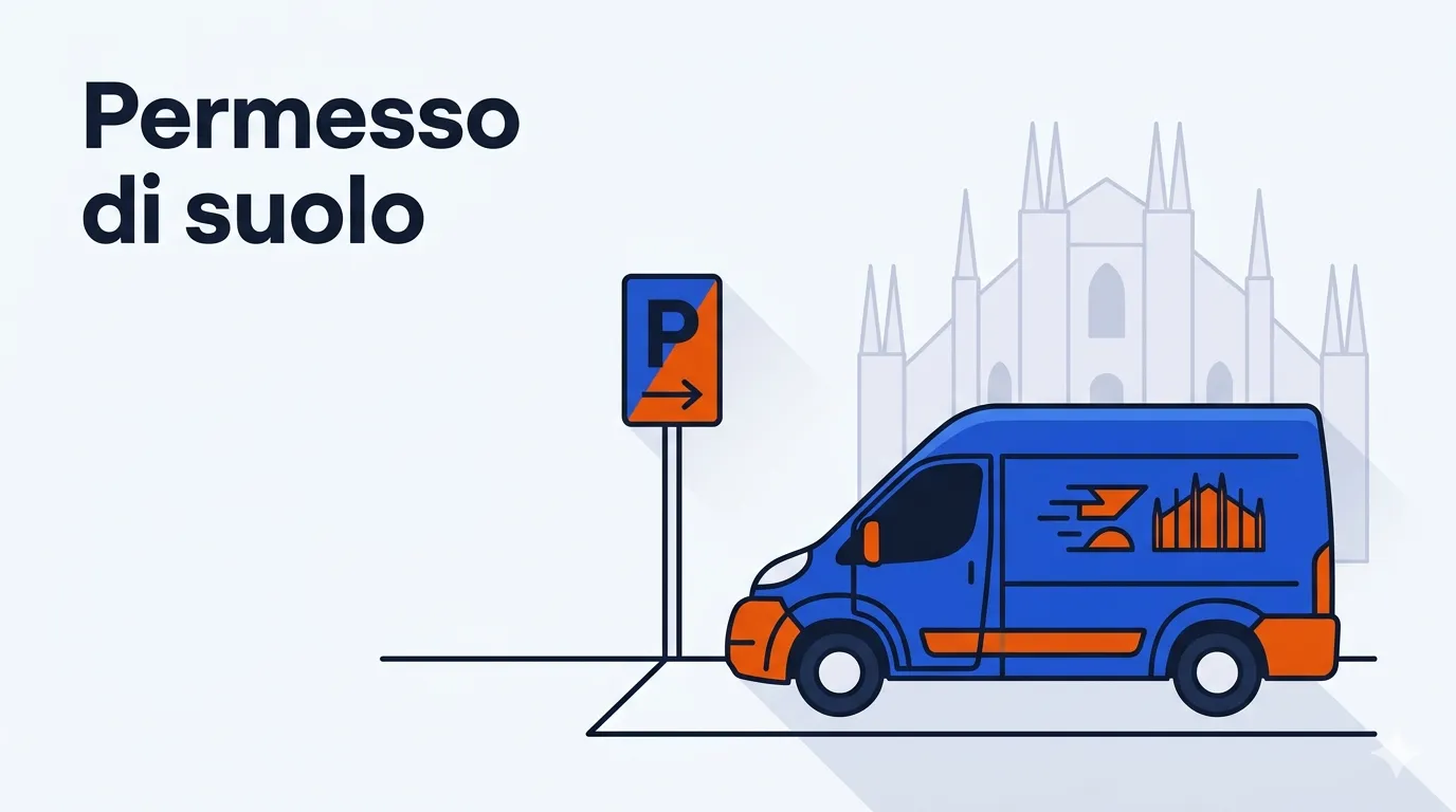 Illustrazione minimale di un furgone con cartello di sosta per trasloco a Milano