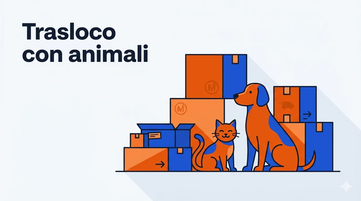 Illustrazione minimale di un gatto e un cane accanto a scatoloni da trasloco