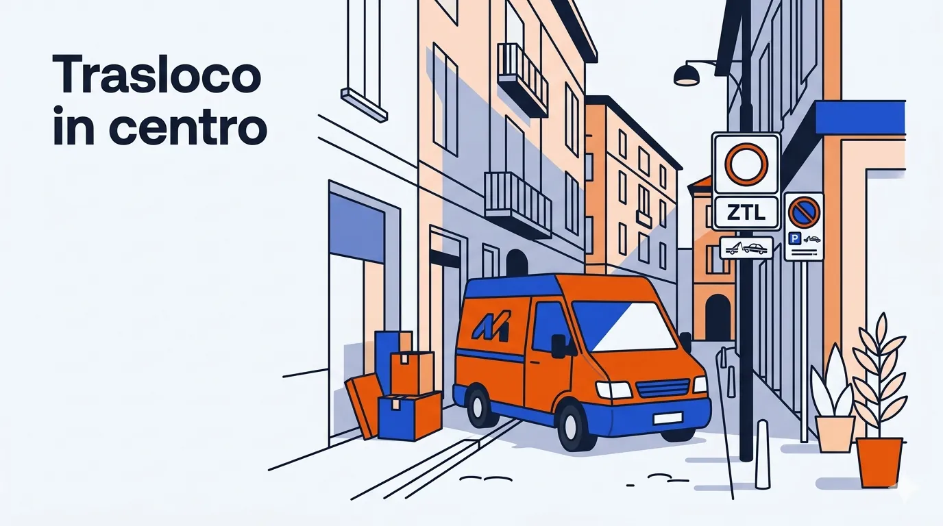 Illustrazione minimale di un furgone in una stretta via del centro di Milano