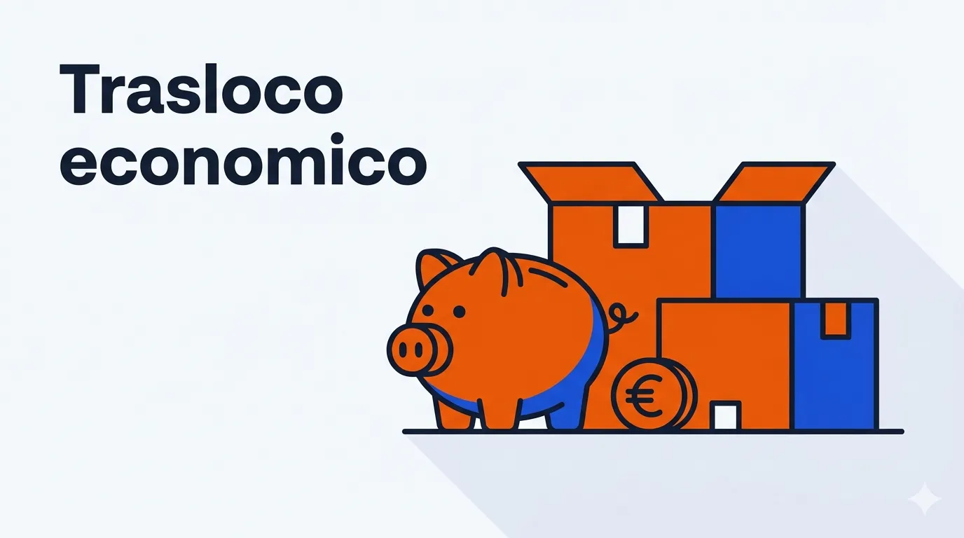 Illustrazione minimale di un salvadanaio accanto a scatoloni da trasloco