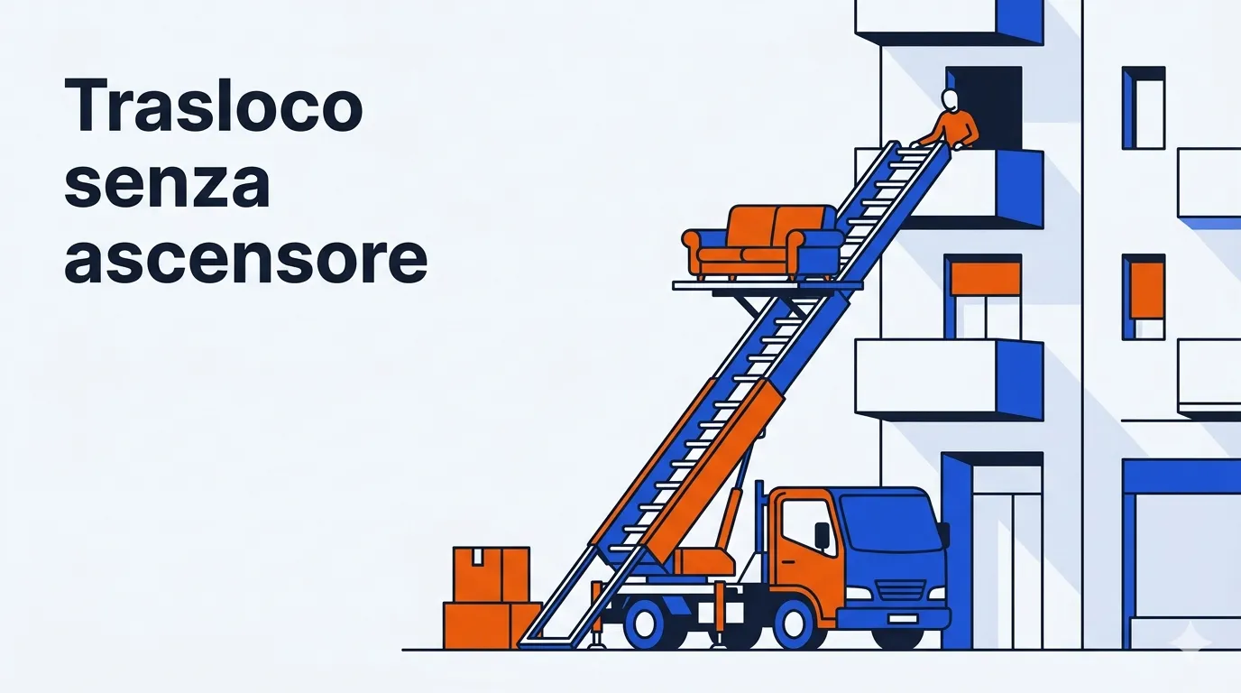 Illustrazione minimale di un’autoscala che solleva mobili verso un balcone