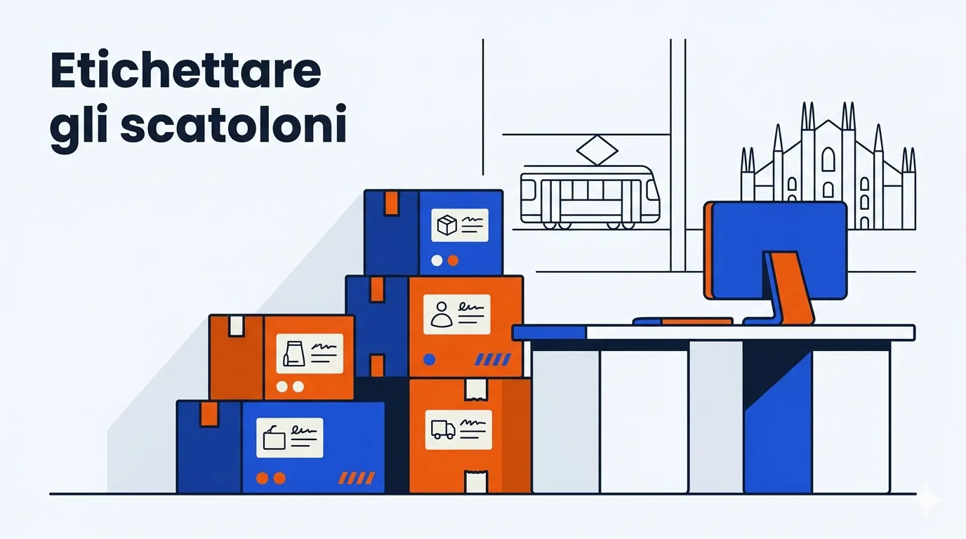 Illustrazione minimale di scatoloni etichettati per reparto in un ufficio