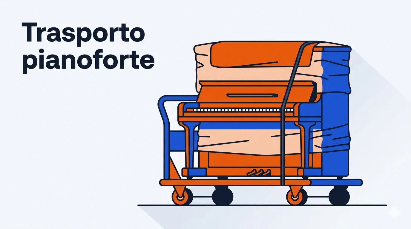 Illustrazione minimale di un pianoforte imballato pronto per il trasporto
